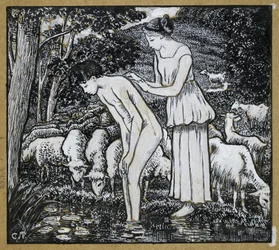 Chloë wäscht Daphnis an einem Bach, Kompositionsstudie für eine Illustration zu 